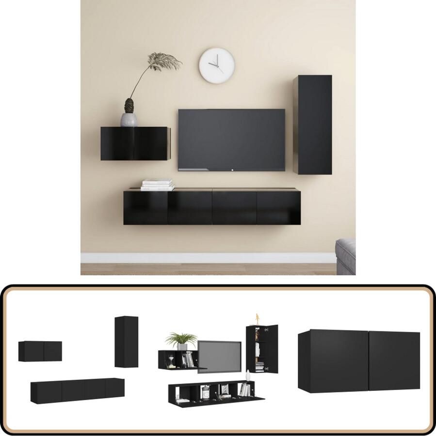 VidaXL Tv-meubelset 4-delig Bewerkt hout Zwart TV-meubel Salontafel Woonkamerinrichting Houten Meubilair Zwarte Meubelen