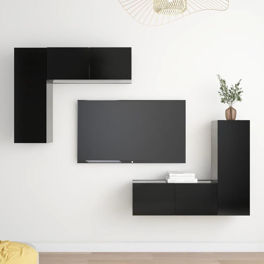 VidaXL Tv-meubelset 4-delig Bewerkt hout Zwart Tv-meubelset Wandmontage Houten Tv-stand Houten Tv Kasten Salontafel Livingroom Furniture Media Center - Foto 2