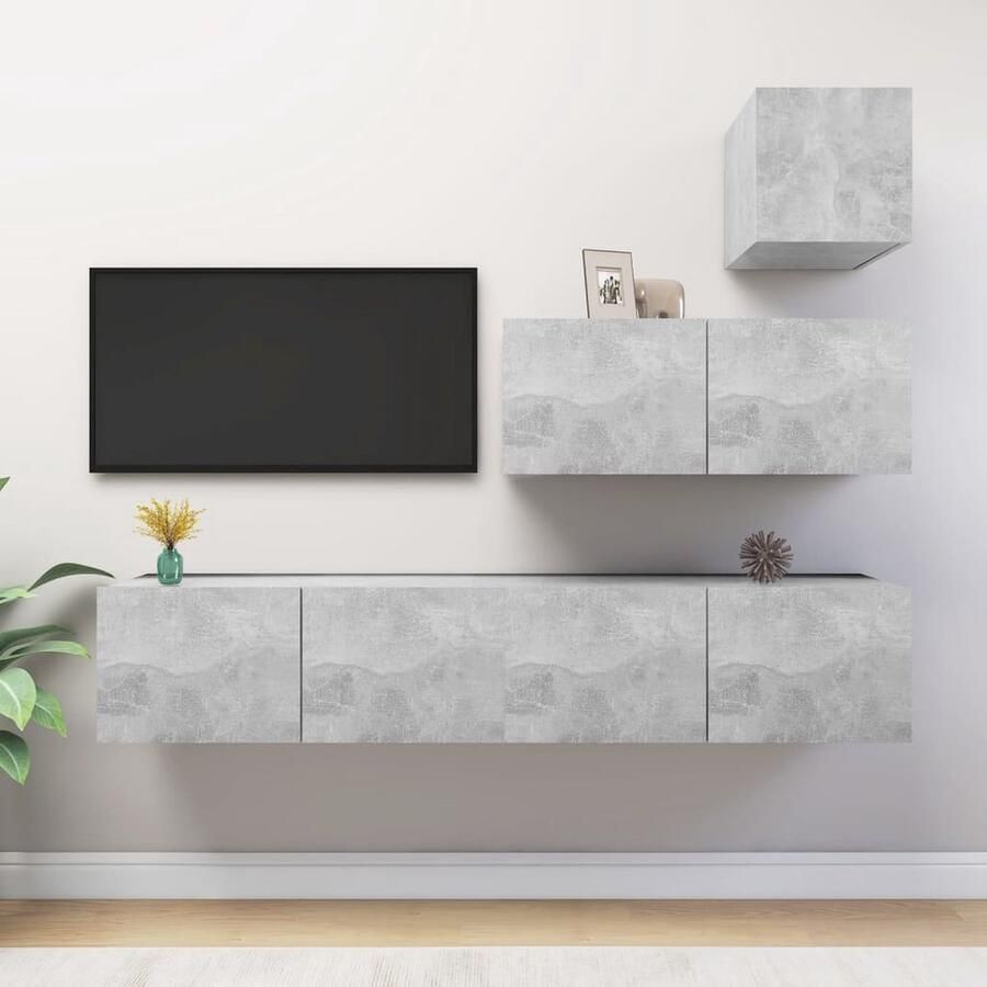 VidaXL Tv-meubelset 4-delig Bewerkte hout Grijs Tv Kast Houten Tv Kast Tv Meubels Tv Kastenset Living Room Furniture Grijs Tv Kast Beton Grijze Tv Kast Wandmontage Tv Kast Bergruimte Tv Kast Media Kast Videokast - Foto 2