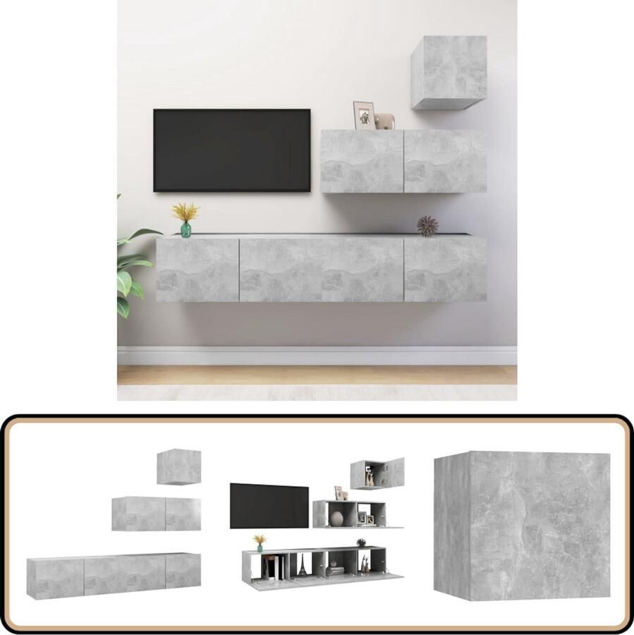 VidaXL Tv-meubelset 4-delig Bewerkte hout Grijs Tv Kast Houten Tv Kast Tv Meubels Tv Kastenset Living Room Furniture Grijs Tv Kast Beton Grijze Tv Kast Wandmontage Tv Kast Bergruimte Tv Kast Media Kast Videokast