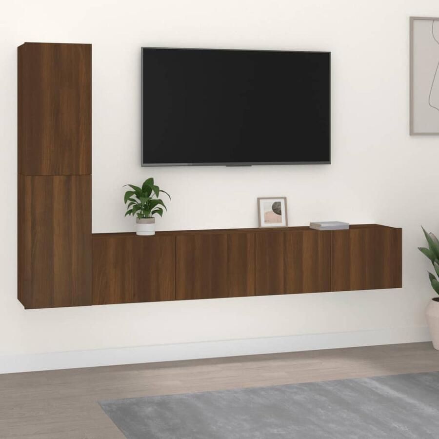 VidaXL Tv-meubelset 4-delig Bruin Eiken Hout Klassieke Televisiesectie Houten Meubilair Wandmontage Tv Meubel Set Tv Kasten Bergruimte - Foto 2