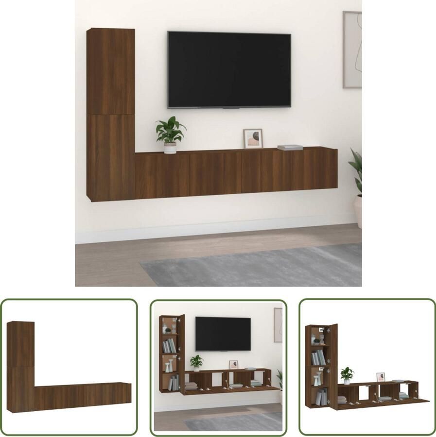 VidaXL Tv-meubelset 4-delig Bruin Eiken Hout Klassieke Televisiesectie Houten Meubilair Wandmontage Tv Meubel Set Tv Kasten Bergruimte
