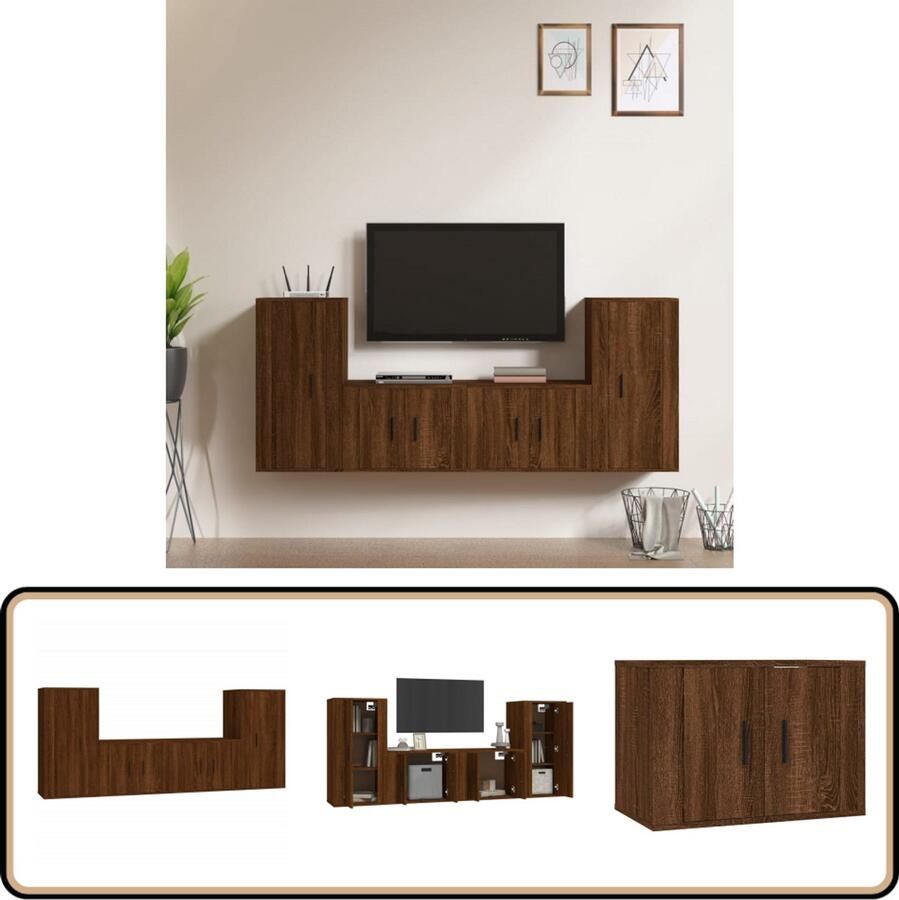 VidaXL Tv-meubelset 4-delig Bruin Eiken Hout TV Kast Houten TV Kast Retro TV Kast Salontafel Opbergkast Woonaccessoires Vintage Meubilair Landelijke Meubelen