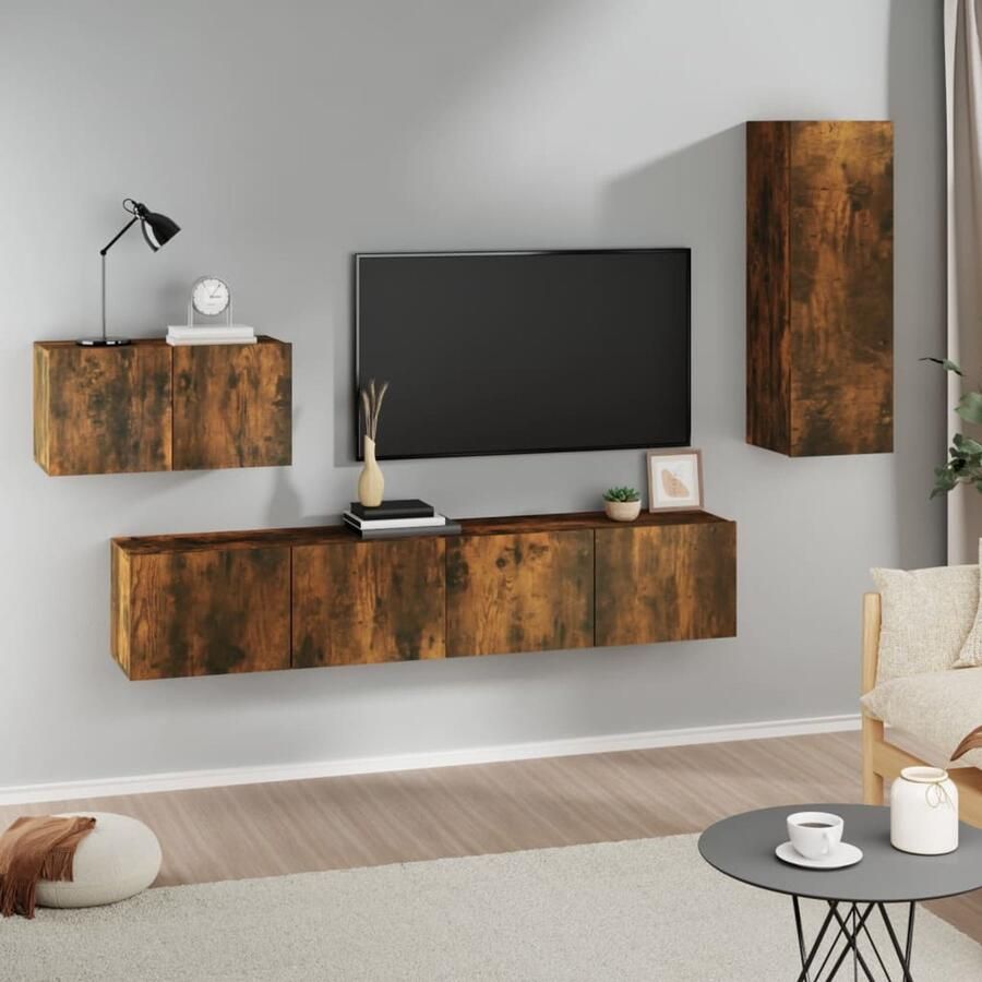 VidaXL Tv-meubelset 4-delig Gerookt eiken Hout Televisieserie Salontafel Houten Meubilair Bruine Meubelen Wandmontage