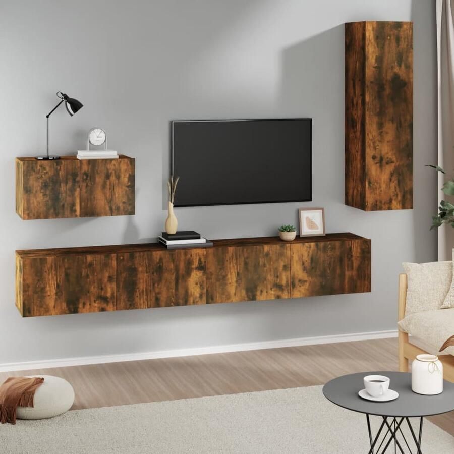 VidaXL Tv-meubelset 4-delig Gerookt eiken kleur Televisiescherm Meubilair Salontafel Houten Tv Stand Bruine Tv Kast Tv Kast Set Mediastand - Foto 2