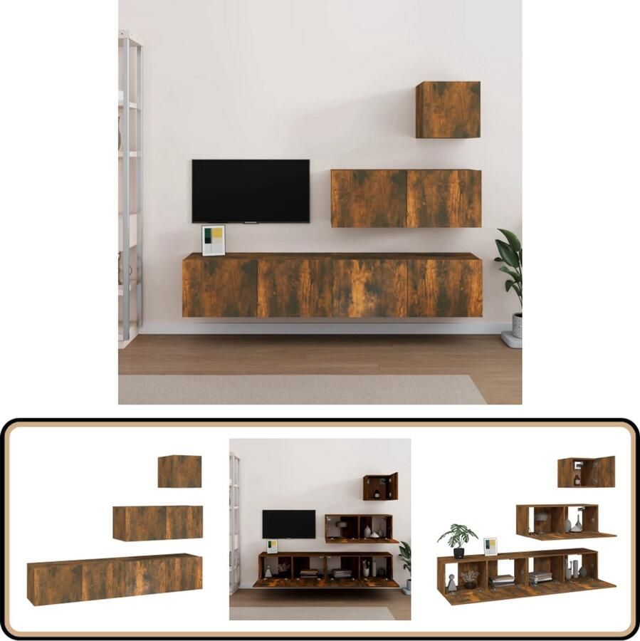 VidaXL Tv-meubelset 4-delig gerookt eikenhout Tv-meubel Tv Kast Salontafel Houten Tv-meubel Wandmontage Tv-meubel Opbergruimte Media Center
