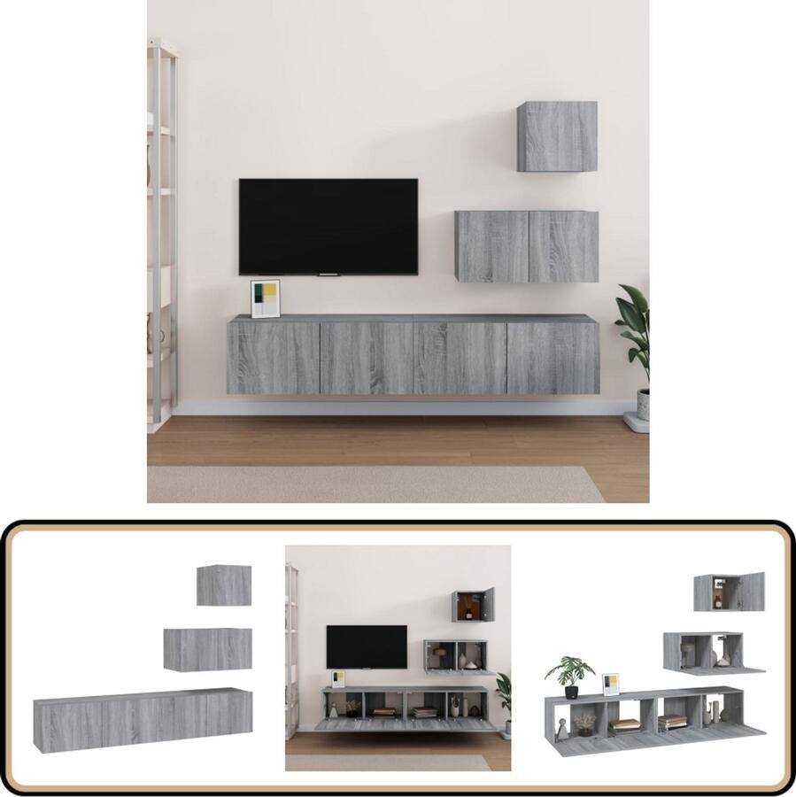 VidaXL Tv-meubelset 4-delig Grijs Sonoma Eiken Tv Meubel Set Tv Kast Salon Meubels Houten Tv Stand Media Kast Woonkamer Meubilair Grijze Tv Tafel