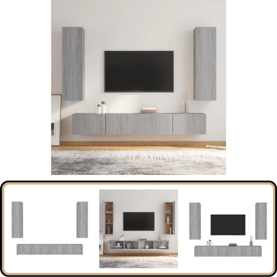 VidaXL Tv-meubelset 4-delig Grijs Sonoma Eiken TV Meubel Wandmontage Houten Kast Grijze Salontafel Living Room Decor Interieur Styling