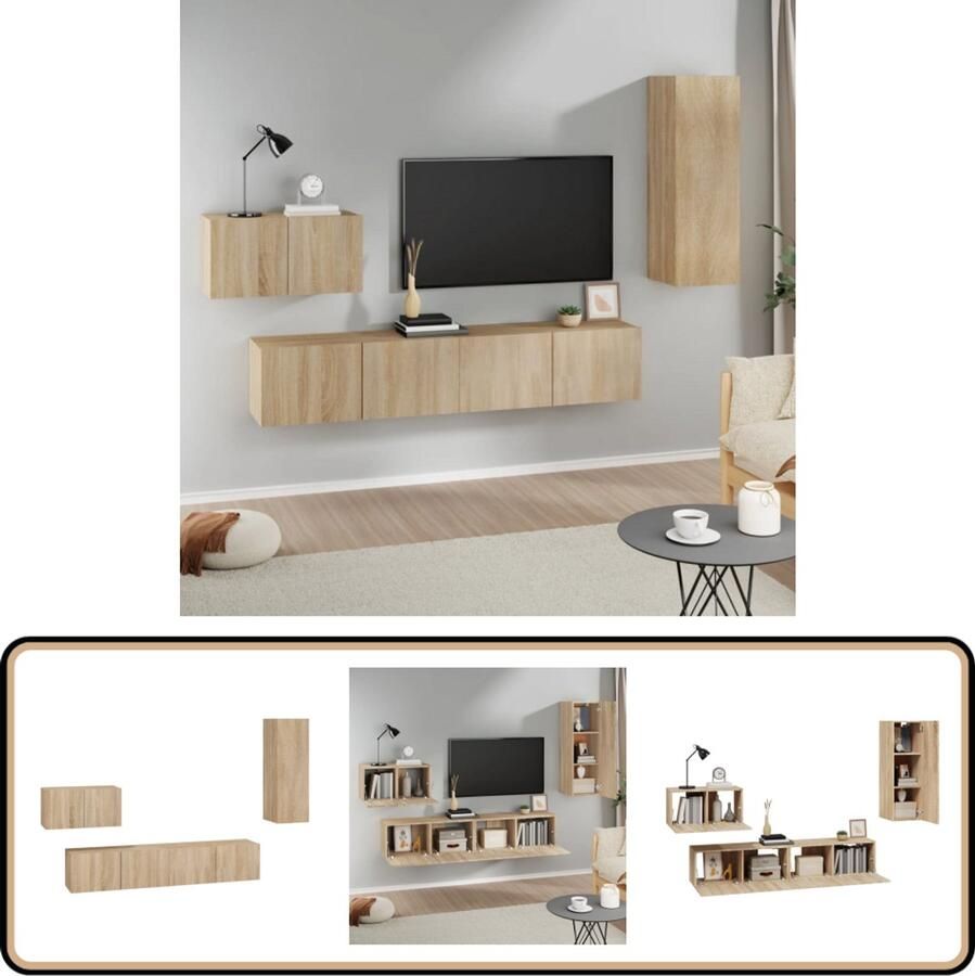 VidaXL Tv-meubelset 4-delig Sonoma eiken Bewerkt hout Televisieserie Salontafel Houten Meubilair Bruine Meubelen Wandmontage Opbergruimte Mediakas