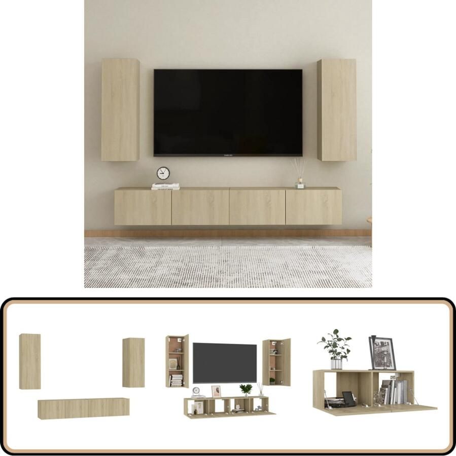VidaXL Tv-meubelset 4-delig Sonoma eiken Hout Tv Meubel Salontafel Houten Tv Stand Media Kast Wandmontage Tv Unit Bruine Tv Kast