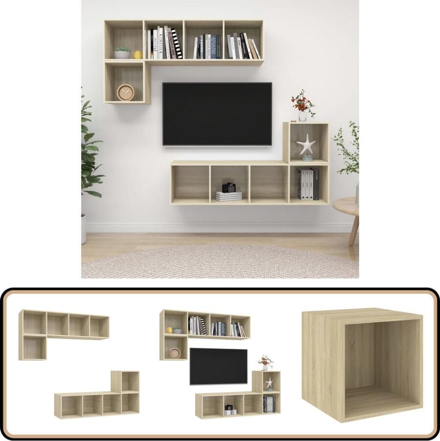 VidaXL Tv-meubelset 4-delig Sonoma eiken Spaanplaat Televisiescherm Wandmontage Salontafel Woonkamer Meubilair Houten Tv-standaard Tv Kastenset Bruine Tv-bank Media Center Opslagruimte Sonoma Eiken