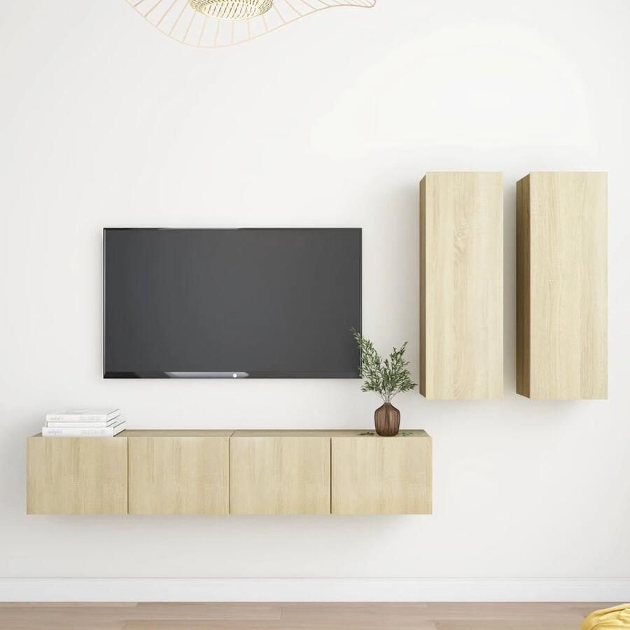 VidaXL Tv-meubelset 4-delig Sonoma eiken Spaanplaat TV-meubel Wandmontage Salontafel Houten Meubilair Eiken Meubelen Bruine Meubels Opbergruimte Livingroom Decor Moderne Tv Stand Minimalistisch Interieur Stijlvolle Tv Kasten - Foto 2