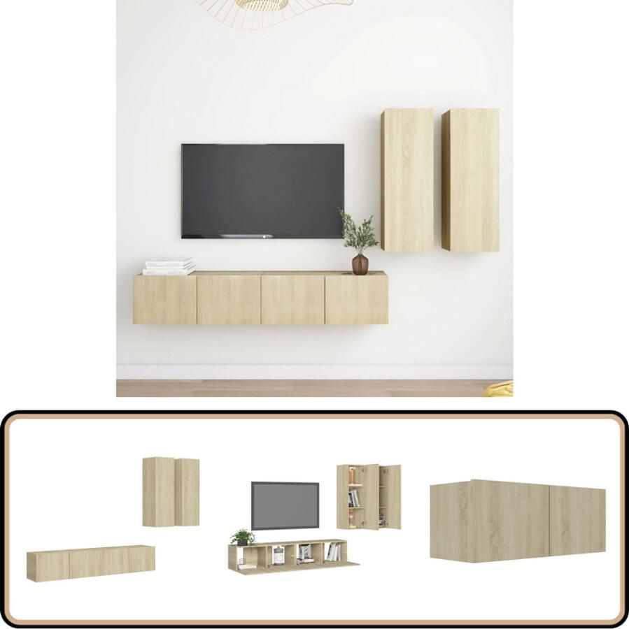 VidaXL Tv-meubelset 4-delig Sonoma eiken Spaanplaat TV-meubel Wandmontage Salontafel Houten Meubilair Eiken Meubelen Bruine Meubels Opbergruimte Livingroom Decor Moderne Tv Stand Minimalistisch Interieur Stijlvolle Tv Kasten