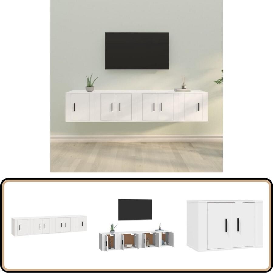 VidaXL Tv-meubelset 4-delig Wit Bewerkt hout Televisiesecretaris Tv Meubel Salontafel Houten Meubilair Witte Kast