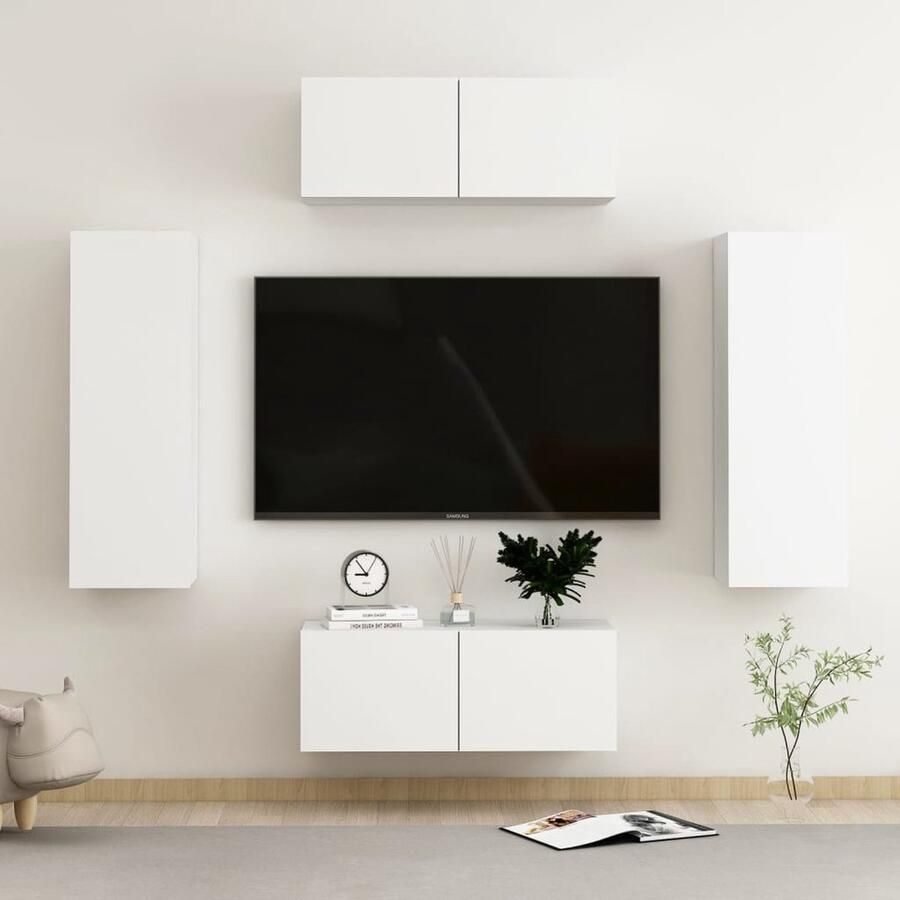 VidaXL Tv-meubelset 4-delig Wit Bewerkt hout Tv Meubelen Tv Stand Salontafel Houten Tv-meubel Wit Tv-meubel Tv Kast Mediabox - Foto 2