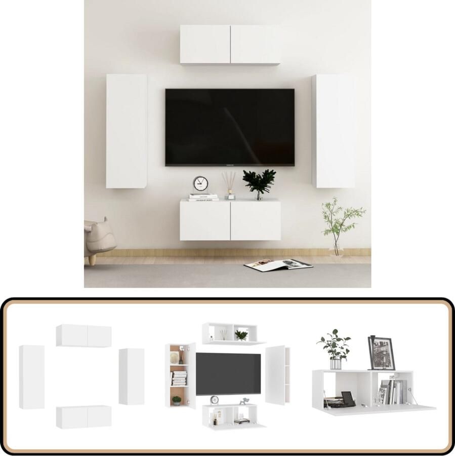 VidaXL Tv-meubelset 4-delig Wit Bewerkt hout Tv Meubelen Tv Stand Salontafel Houten Tv-meubel Wit Tv-meubel Tv Kast Mediabox