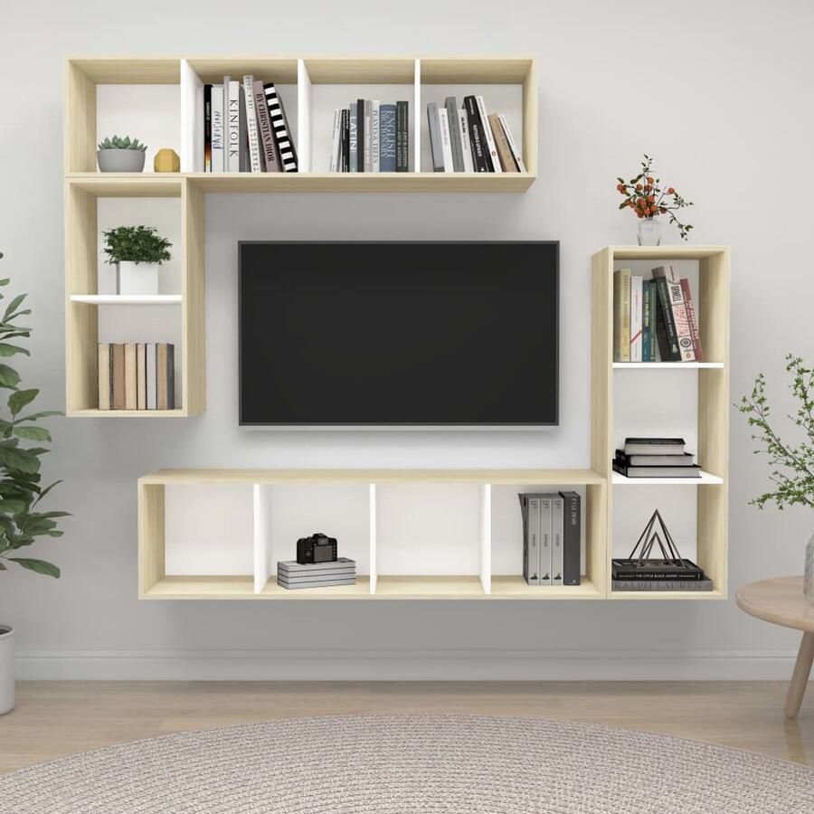 VidaXL Tv-meubelset 4-delig Wit en Sonoma eiken Televisiescherm Wandmontage Tv Meubilair Salontafel Woonkamerdecoratie Houten Tv Stand Witte Tv Kast Sonoma Eiken Tv Kastenset Opslagruimte Media Center - Foto 2