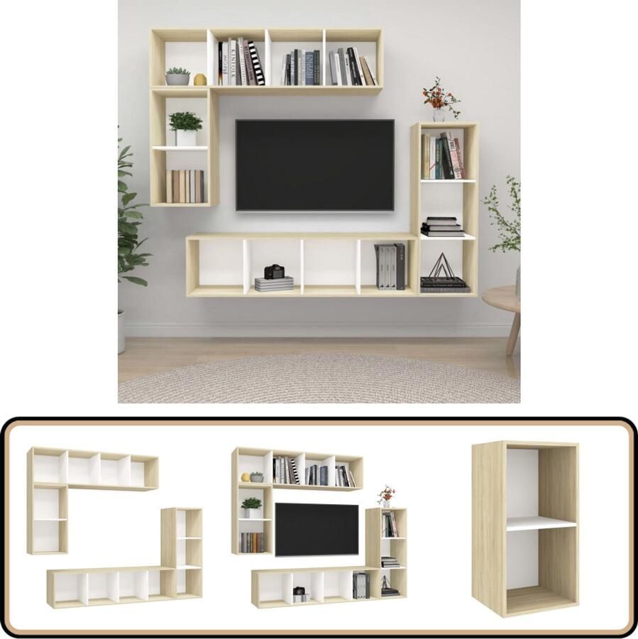VidaXL Tv-meubelset 4-delig Wit en Sonoma eiken Televisiescherm Wandmontage Tv Meubilair Salontafel Woonkamerdecoratie Houten Tv Stand Witte Tv Kast Sonoma Eiken Tv Kastenset Opslagruimte Media Center