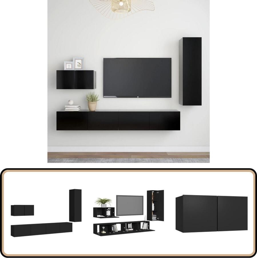 VidaXL Tv-meubelset 4-delig Zwart Bewerkt hout Televisiescherm Tv Meubilair Wandmontage Salontafel Woonkamerinrichting