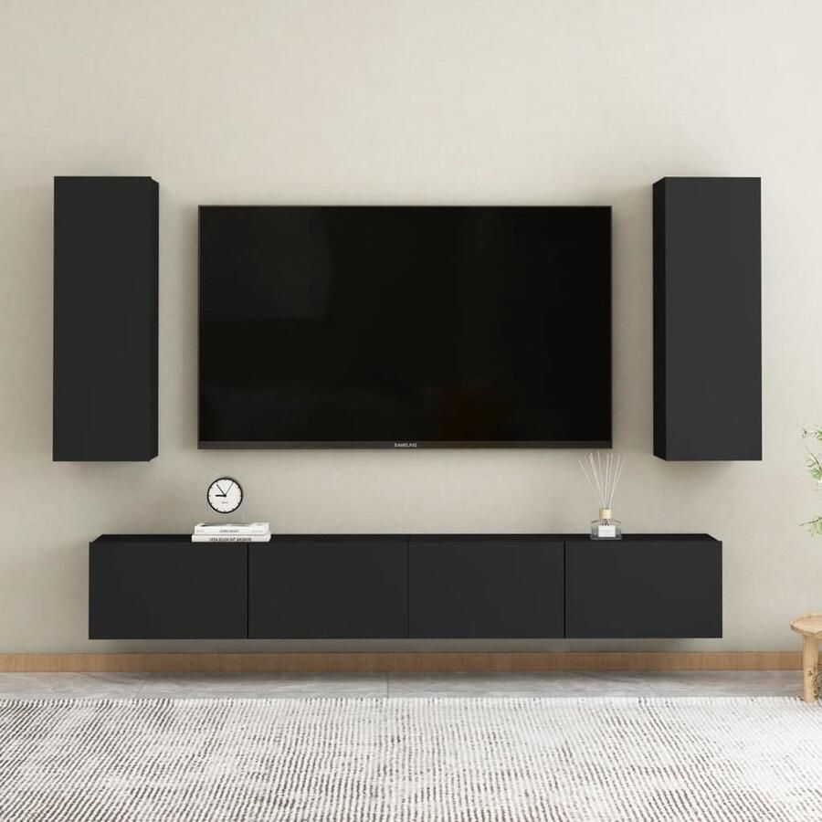 VidaXL Tv-meubelset 4-delig Zwart Bewerkt hout Televisiescherm Tv Stand Tv Meubel Salontafel Media Kast Videokaartje Entertainment Center Zwarte Tv Tafel Houten Tv Meubel - Foto 2