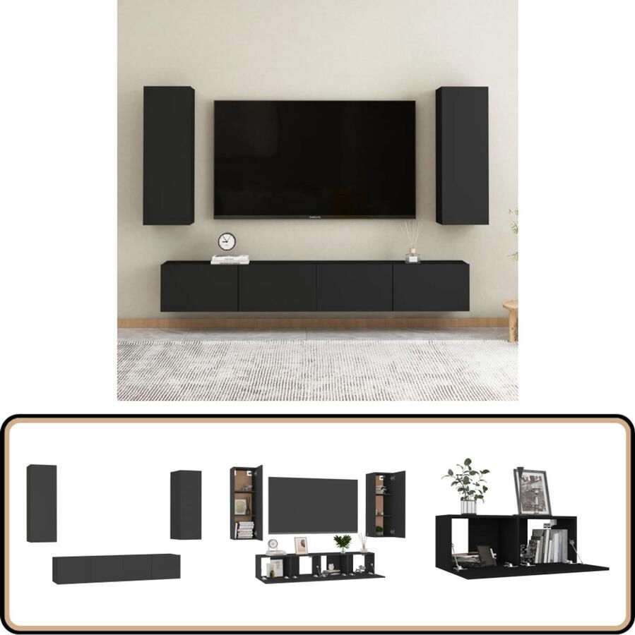 VidaXL Tv-meubelset 4-delig Zwart Bewerkt hout Televisiescherm Tv Stand Tv Meubel Salontafel Media Kast Videokaartje Entertainment Center Zwarte Tv Tafel Houten Tv Meubel