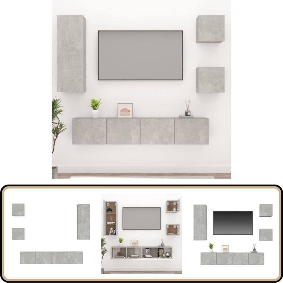 VidaXL Tv-meubelset 5-delig Bewerkt hout Betongrijs TV Meubel Set Tv Kast Wandmontage Houten Tv Meubels Beton Grijs