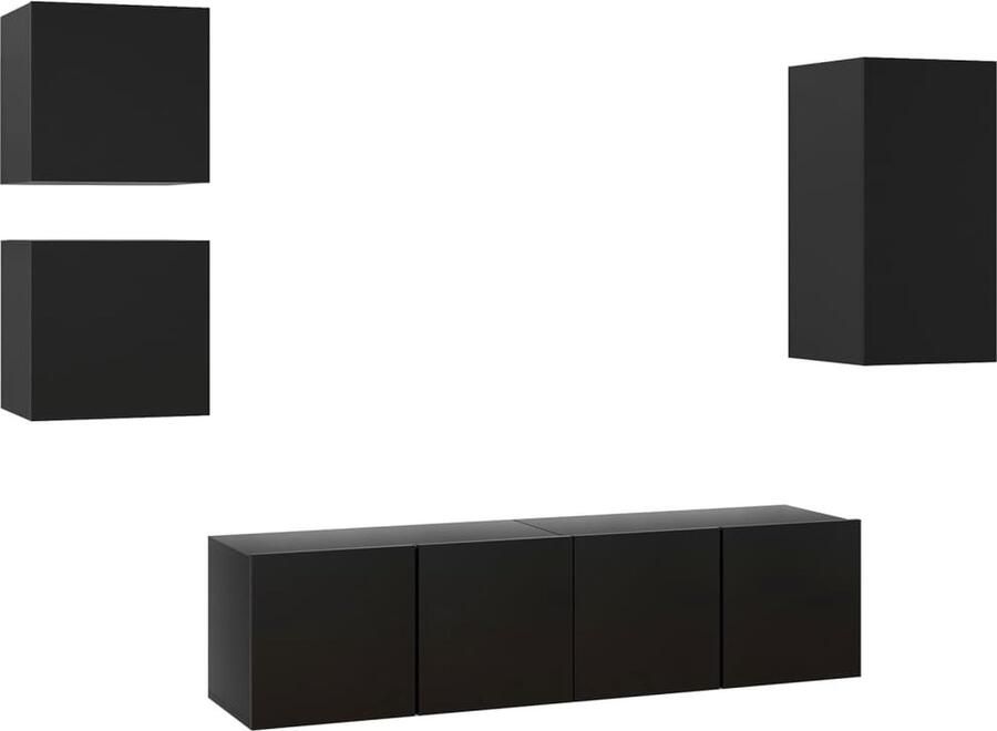 VidaXL Tv-meubelset 5-delig Bewerkt hout Zwart Televisiescherm Kast Wandmontage Tv Meubels Zwarte Tv Kasten Houten Tv Kast Tv Salontafel Media Kast Entertainment Center Opslag Ruimte Living Room Furniture - Foto 2