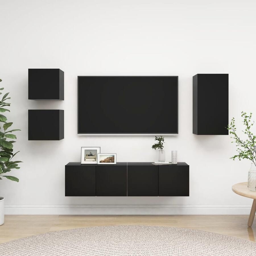 VidaXL Tv-meubelset 5-delig Bewerkt hout Zwart Televisiescherm Kast Wandmontage Tv Meubels Zwarte Tv Kasten Houten Tv Kast Tv Salontafel Media Kast Entertainment Center Opslag Ruimte Living Room Furniture