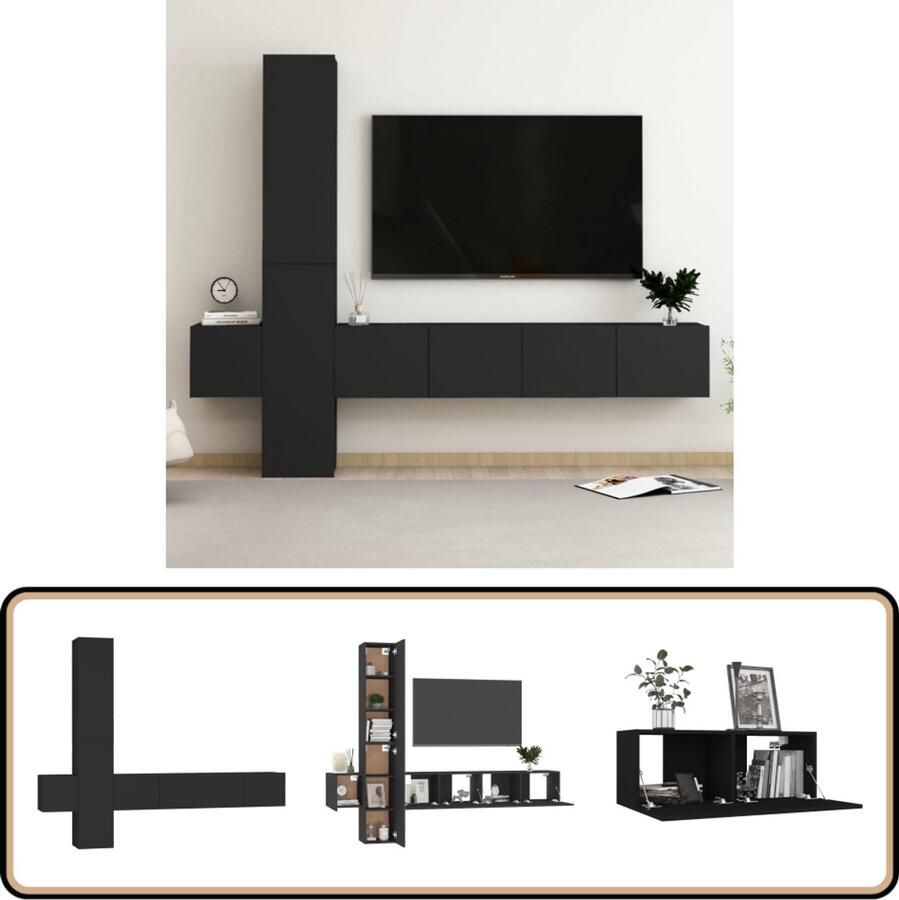 VidaXL Tv-meubelset 5-delig Bewerkt hout Zwart Televisiescherm Tv Meubilair Salontafel Woonkamerdecoratie Houten Tv Stand