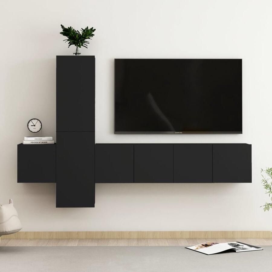 VidaXL Tv-meubelset 5-delig Bewerkt hout Zwart Televisiescherm Tv Meubilair Wandmontage Tv Stand Salontafel Woonkamerdecoratie Zwarte Tv Tafel Houten Tv Meubel Opbergruimte Media Center Entertainmentcenter Videotheek - Foto 2