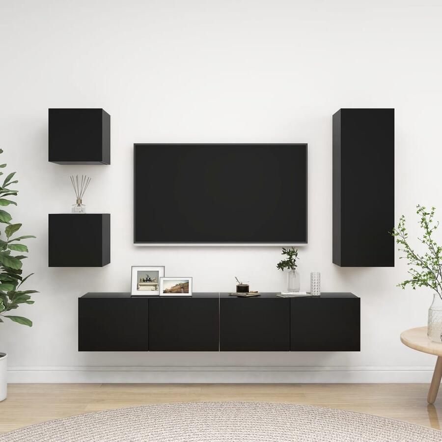 VidaXL Tv-meubelset 5-delig Bewerkt hout Zwart TV Kast Salontafel Woonkamer Meubilair Zwarte TV Kast Houten TV Kast Media Kast Boekenplank Opslagruimte Wandmontage Modern Interieur Minimalistisch Design - Foto 2