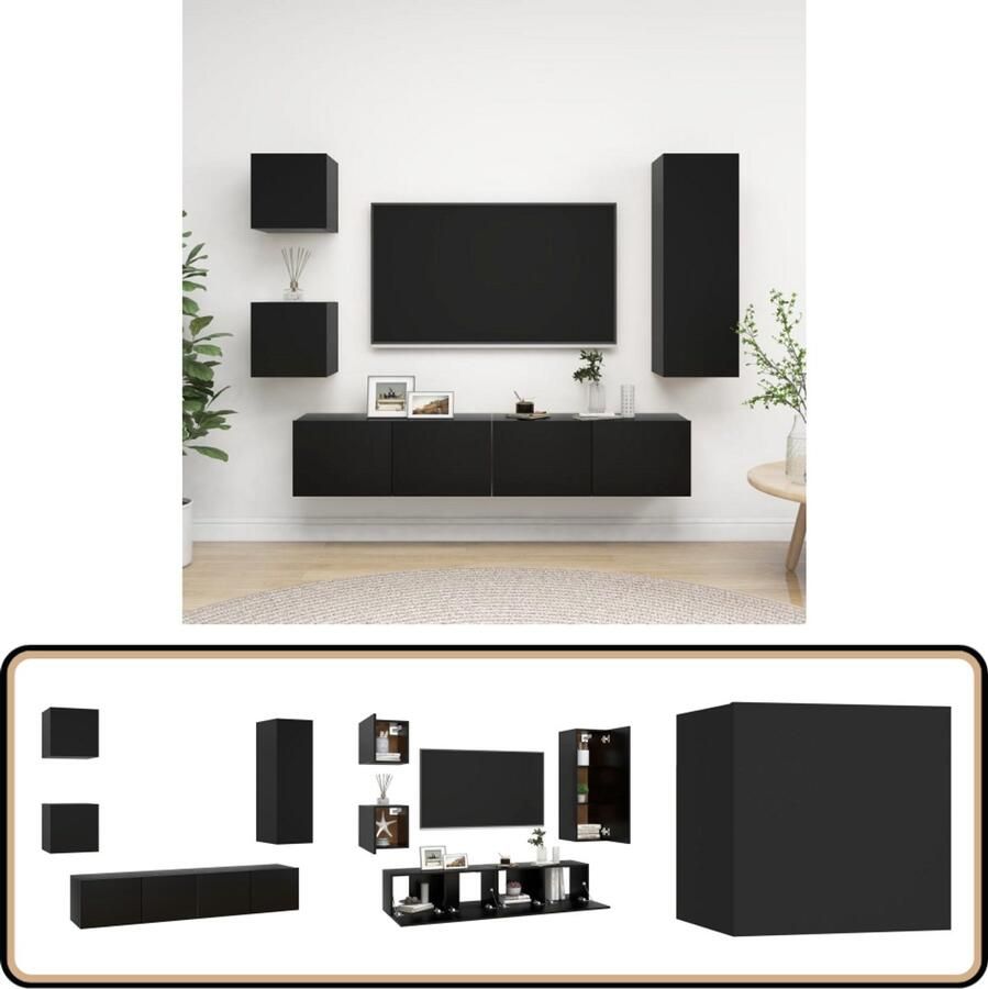 VidaXL Tv-meubelset 5-delig Bewerkt hout Zwart TV Kast Salontafel Woonkamer Meubilair Zwarte TV Kast Houten TV Kast Media Kast Boekenplank Opslagruimte Wandmontage Modern Interieur Minimalistisch Design