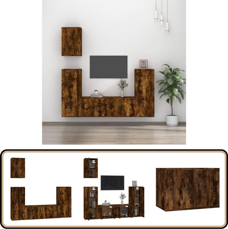 VidaXL Tv-meubelset 5-delig Gerookt Eiken Hout TV Meubel Set Wandmontage Houten Meubilair Bruine Kleur Opbergruimte