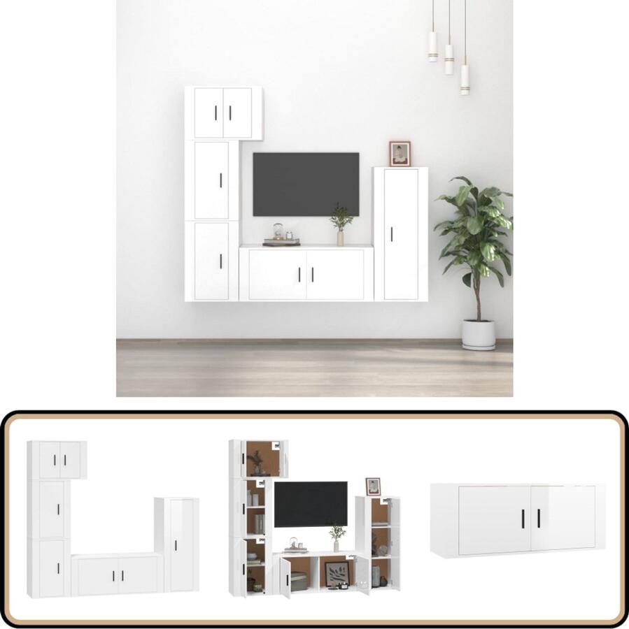 VidaXL Tv-meubelset 5-delig Hoogglans wit Hout Tv Meubel Mediakas Kastje Woonkamer Meubilair Houtsoort Witte Tvkast Modern Tv Meubel Opslagoplossing Wandmontage