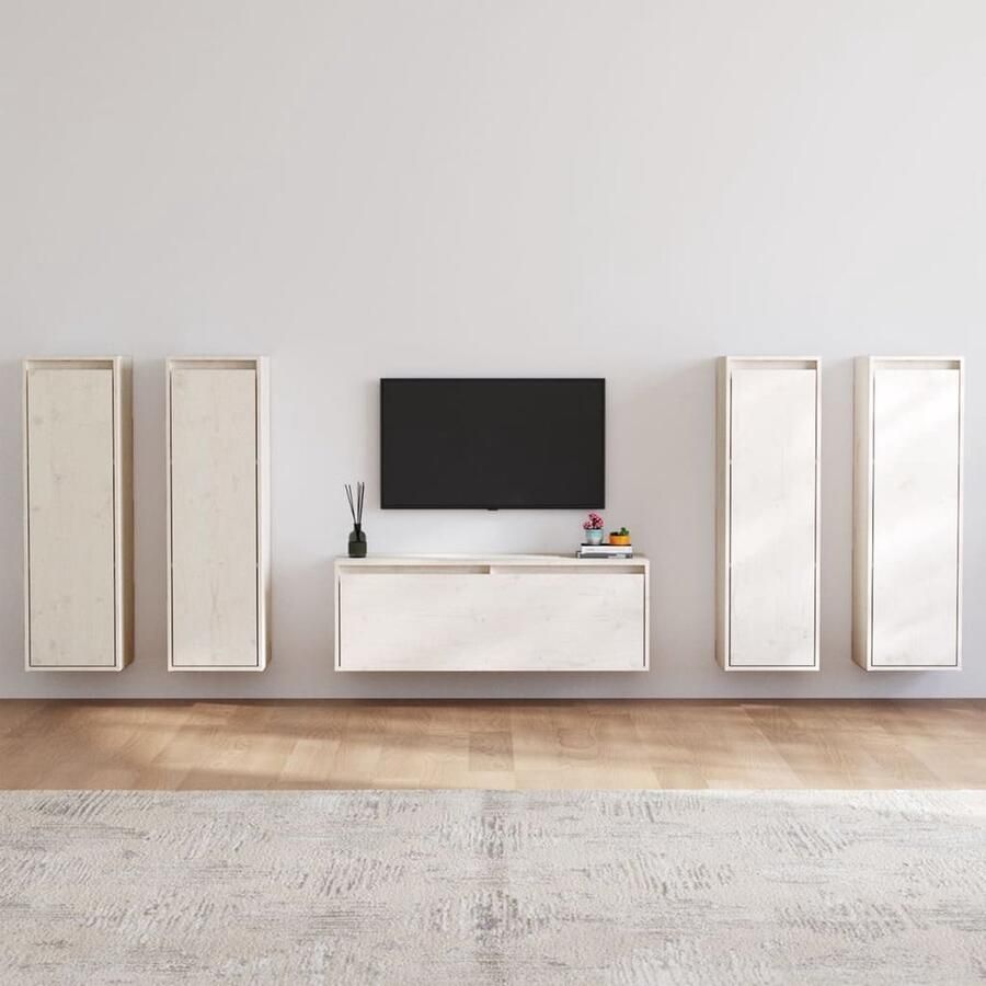 VidaXL Tv-meubelset 5-delig massief grenen wit Tv-meubel Houten Tv-stand Grenoble Hout Hangend Tv-meubel Salontafel Bergruimte Modern Tv-meubel Minimalistisch Tv-meubel