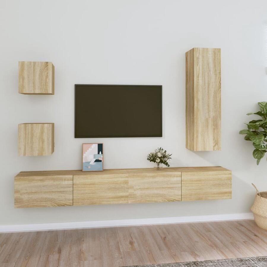 VidaXL Tv-meubelset 5-delig Sonoma eiken Hout TV Meubel Set Salon Meubilair Houten Kast Tv Stand Wandmontage