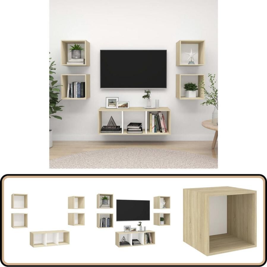 VidaXL Tv-meubelset 5-delig Wit en Sonoma Eiken Televisiescherm Wandmontage Tv Kasten Tv Stand Salontafel Living Room Furniture Houten Tv Kast Media Kast Videowerkbank
