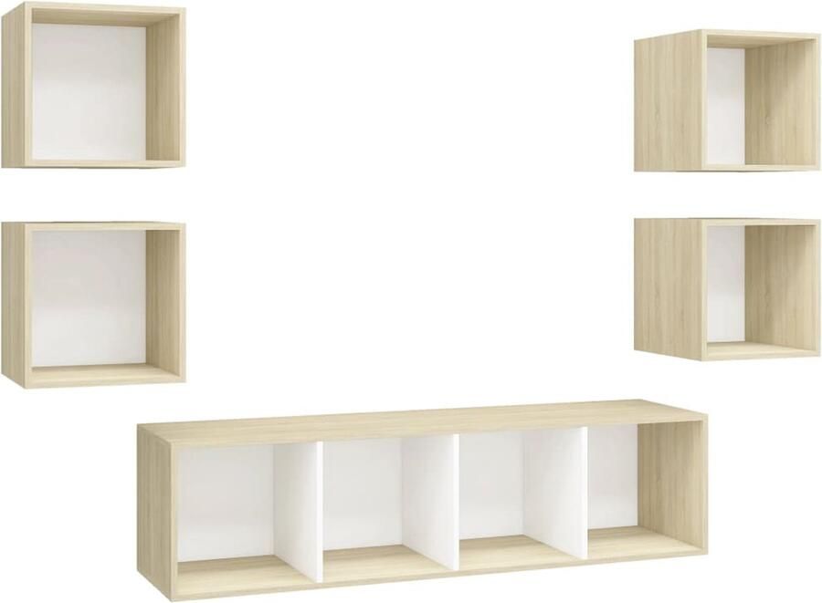 VidaXL Tv-meubelset 5-delig wit en sonoma eiken Tv Kasten Wandmontage Tv Salontafel Media Kast Houten Tv Kast Witte Tv Kast