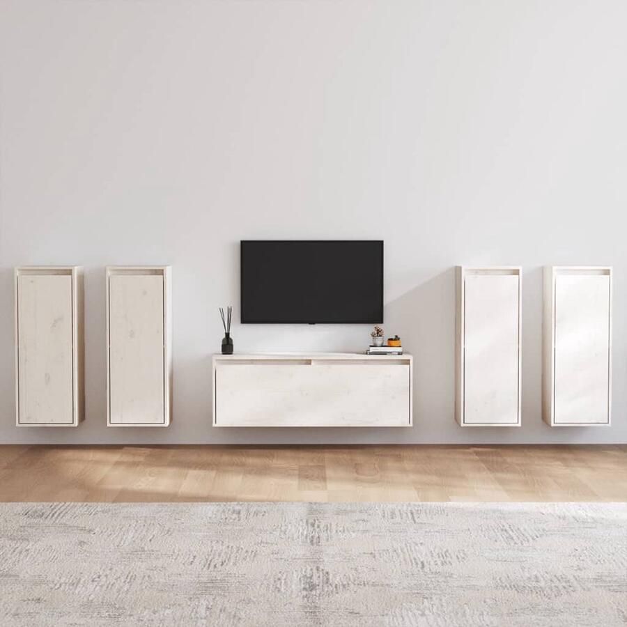 VidaXL Tv-meubelset 5 stuks Massief grenenhout Wit Tv Meubilair Houten Tv Kasten Grenoble Hout Witte Tv Kast Wandkasten Set Salon Meubilair Living Room Furniture - Foto 2