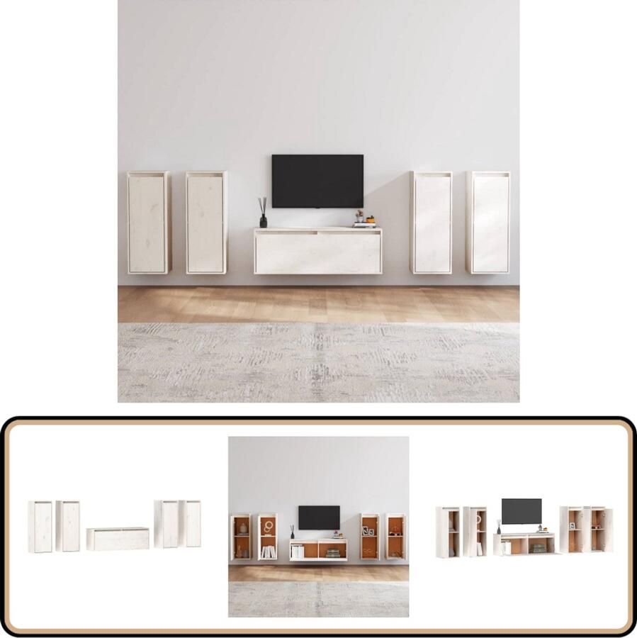 VidaXL Tv-meubelset 5 stuks Massief grenenhout Wit Tv Meubilair Houten Tv Kasten Grenoble Hout Witte Tv Kast Wandkasten Set Salon Meubilair Living Room Furniture
