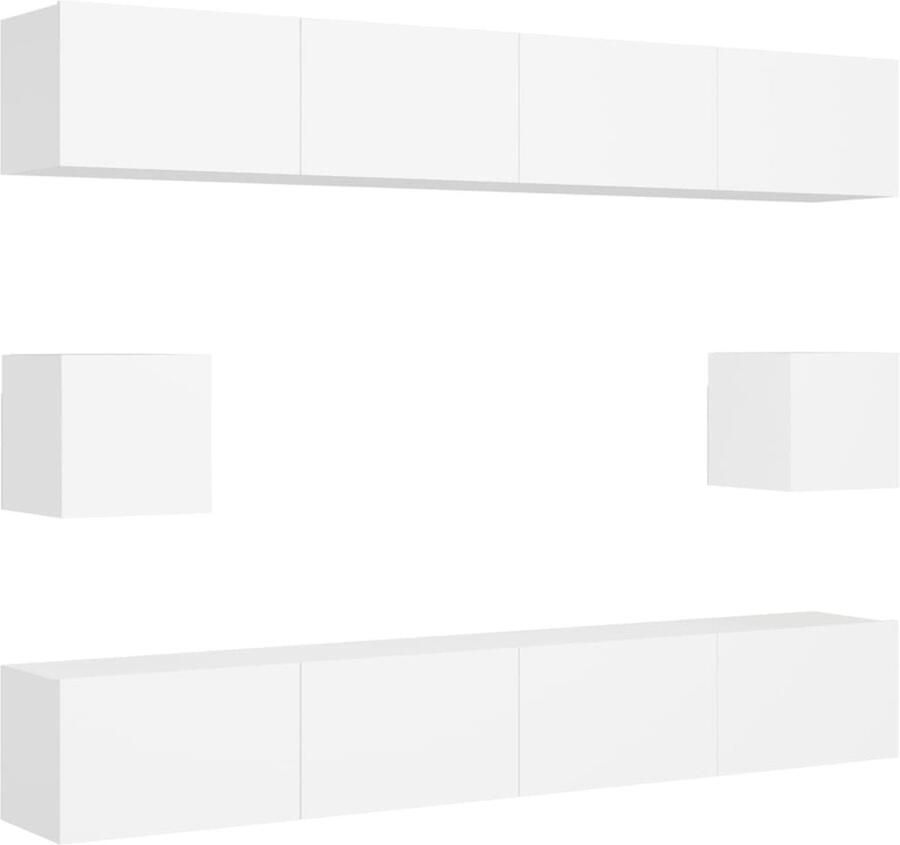 VidaXL Tv-meubelset 6-delig Bewerkt hout Wit Televisiescherm Wandmontage Tv Kast Salon Meubilair Houten Tv Kast Witte Tv Kast Tv Unit Media Kast Opslagruimte Living Room Furniture Interieur Decoratie