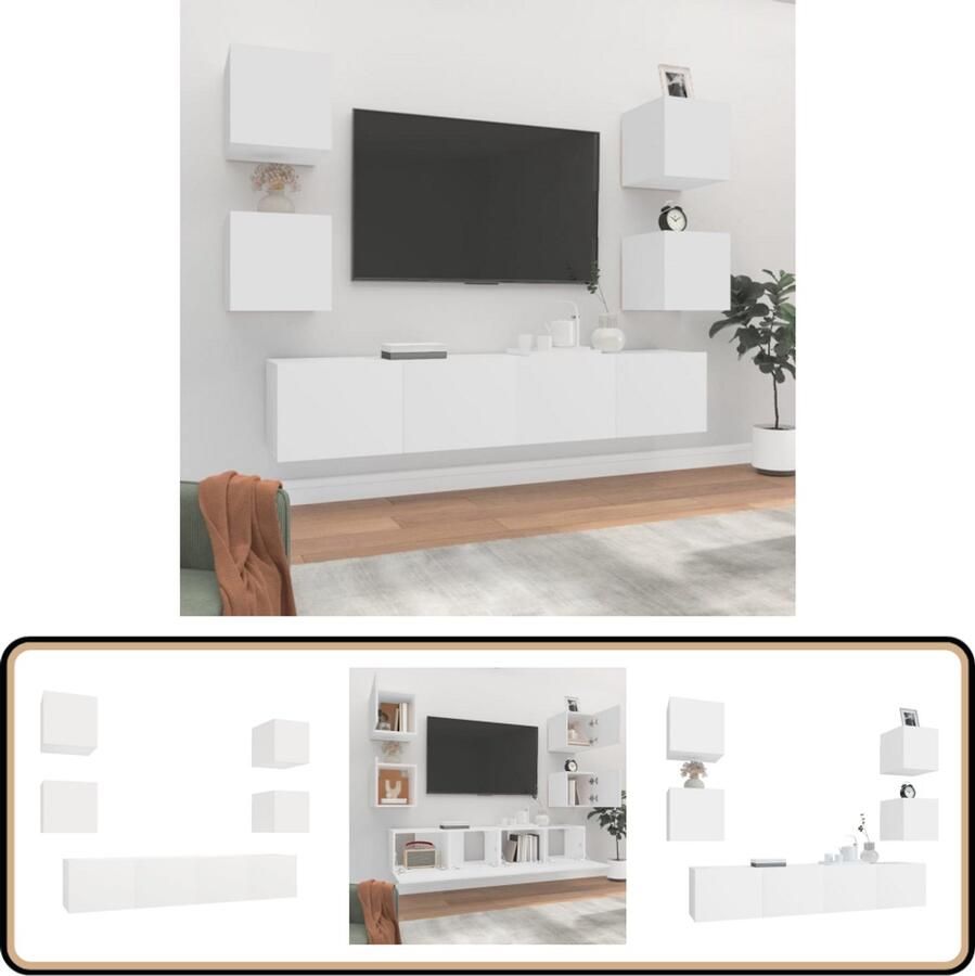 VidaXL Tv-meubelset 6-delig Bewerkt hout Wit Televisieserie Tv Kast Wandmontage Houten Meubels Witte Meubelen