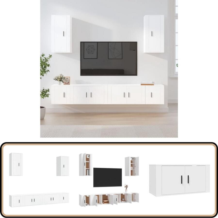 VidaXL Tv-meubelset 6-delig Bewerkt hout Wit TV Meubel Tv Kast Salontafel Houten Meubels Witte Meubelen