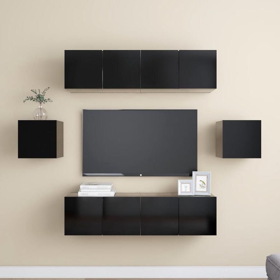 VidaXL Tv-meubelset 6-delig Bewerkt hout Zwart Televisiescherm Kast Wandmontage Tv Meubels Houten Tv Kasten Zwarte Tv Kast Tv Salontafel Media Kast Opslag Ruimte Living Room Decor Modern Tv Stand - Foto 2