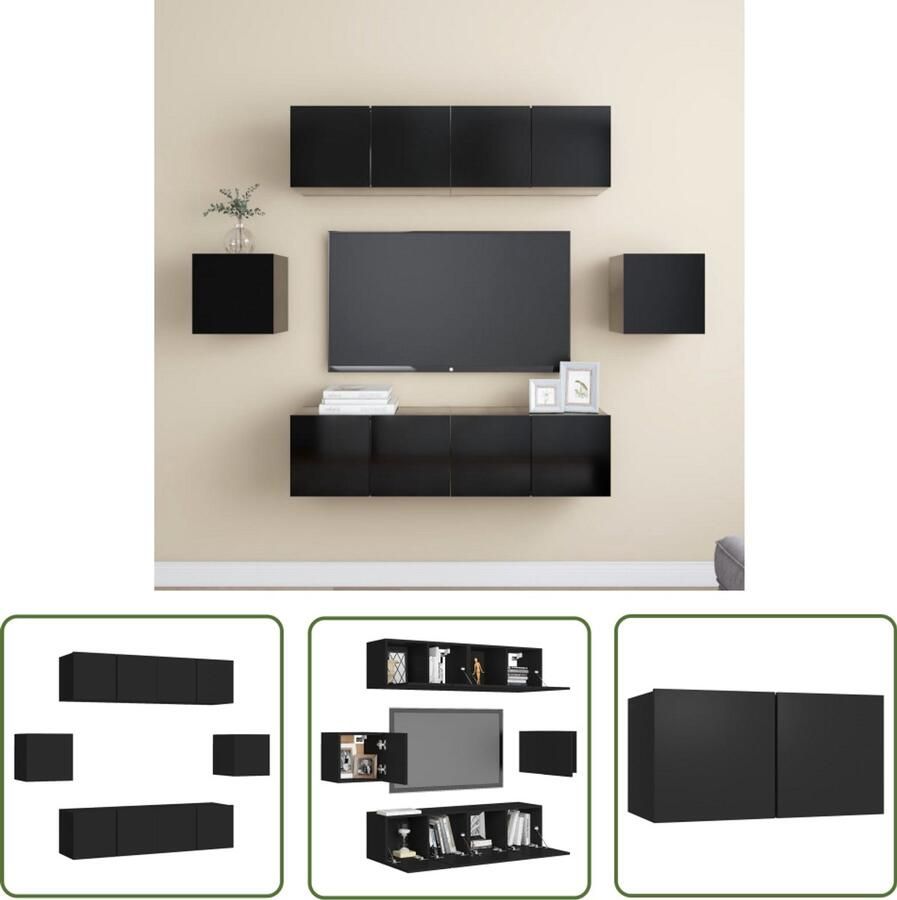 VidaXL Tv-meubelset 6-delig Bewerkt hout Zwart Televisiescherm Kast Wandmontage Tv Meubels Houten Tv Kasten Zwarte Tv Kast Tv Salontafel Media Kast Opslag Ruimte Living Room Decor Modern Tv Stand