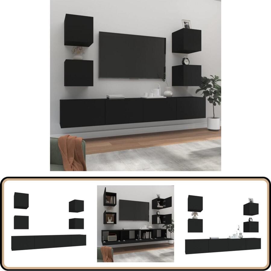 VidaXL Tv-meubelset 6-delig Bewerkt hout Zwart TV Meubel Set Houten TV Kast Wandmontage Zwarte TV Meubels Salontafel Opslagruimte