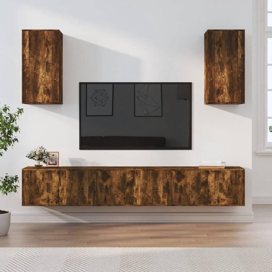 VidaXL Tv-meubelset 6-delig Gerookt eiken Hout Televisiesecretaris Tv Kast Houten Tv Stand Bruine Tv Tafel Vintage Tv Unit Salontafel Mediastand Boekenplank Opbergkasten