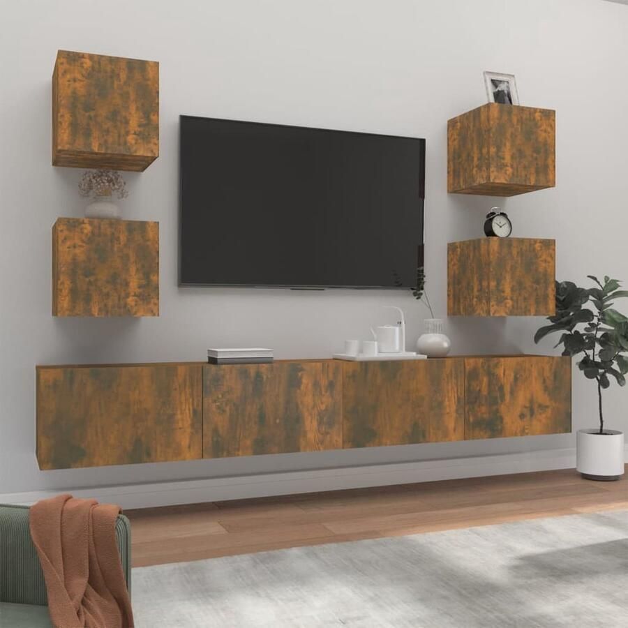VidaXL Tv-meubelset 6-delig Gerookt eiken TV Meubel Set Tv Kast Wandmontage Houten Meubels Bruine Meubelen Livingroom Decoratie Bergruimte - Foto 2