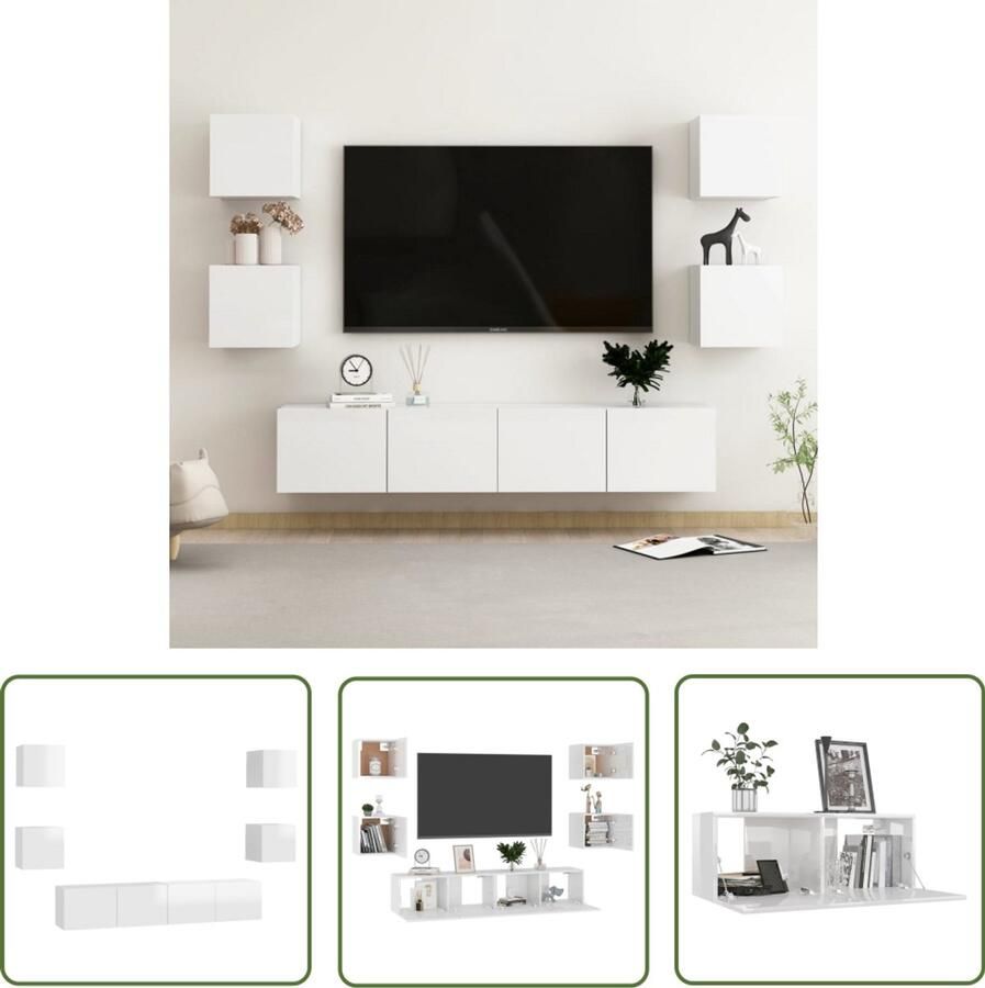 VidaXL Tv-meubelset 6-delig Hoogglans wit Hout Tv Kast Houten Tv Kast Witte Tv Kast Modern Tv Meubilair Salontafel Woonkamerinrichting Media Kast Videowerkbank Opslagruimte Wandmontage Stijlvol Tv Meubel