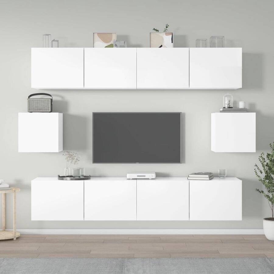 VidaXL Tv-meubelset 6-delig Hoogglans Wit TV Meubel Houten TV Kast Witte TV Kast Wandmontage TV Kast Opslagruimte TV Kast